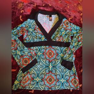 Bisou Bisou Blue and Red Graphic Wrap Blouse
